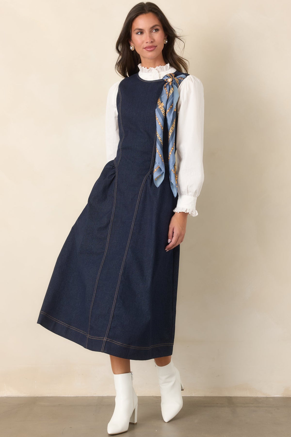 Koyu Mavi Kolsuz Denim Midi Elbise