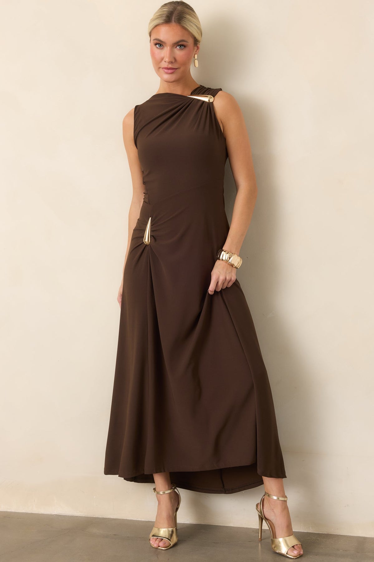 Çikolata Kahve Drape Detaylı Maksi Elbise