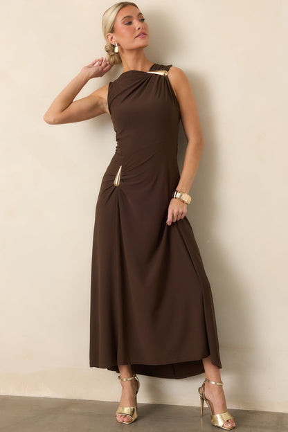 Çikolata Kahve Drape Detaylı Maksi Elbise