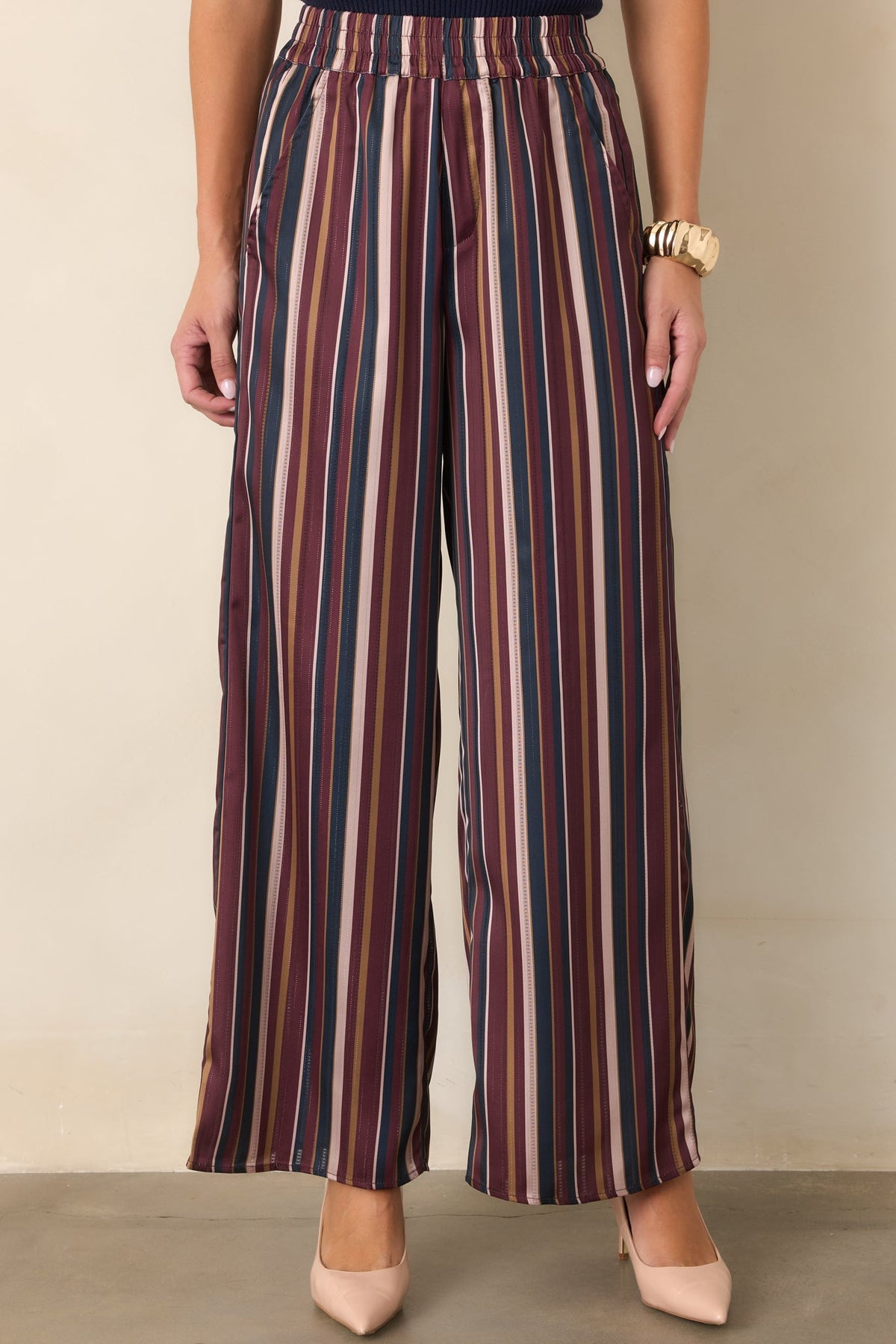 Bordo Lacivert Çizgili Bol Paça Saten Pantolon