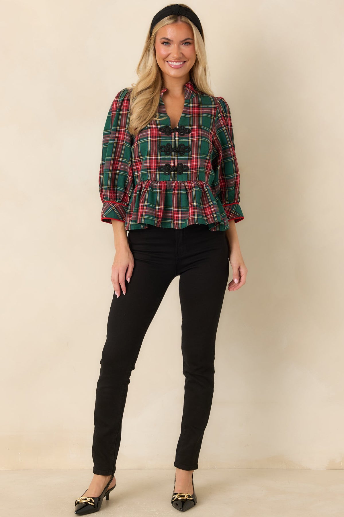 Yeşil Ekoseli Peplum Detaylı Bluz