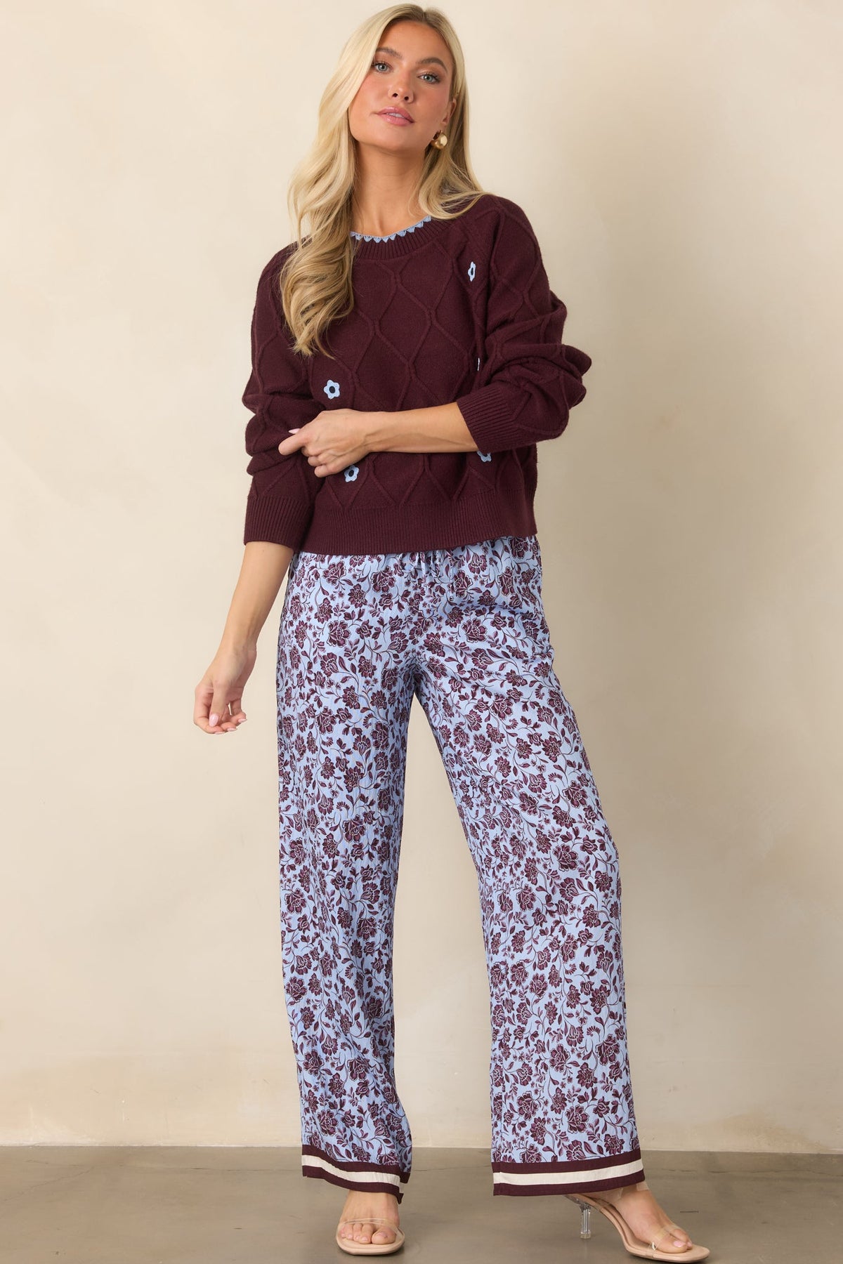 Lila Bordo Çiçek Desenli Bol Paça Pantolon