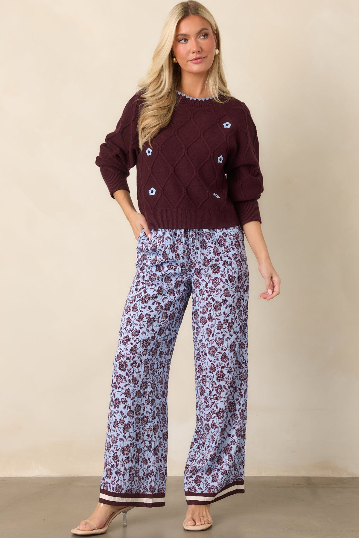 Lila Bordo Çiçek Desenli Bol Paça Pantolon