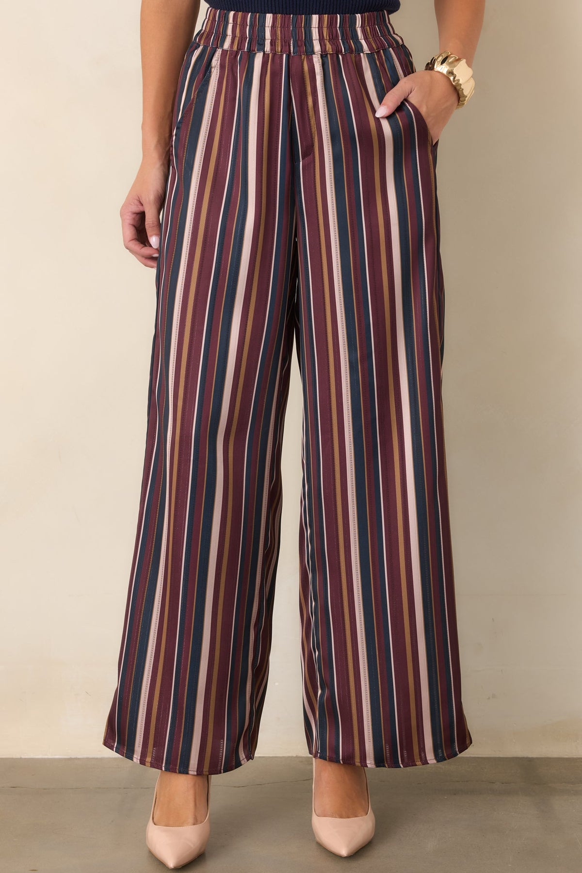 Bordo Lacivert Çizgili Bol Paça Saten Pantolon
