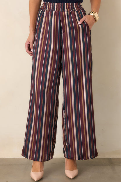 Bordo Lacivert Çizgili Bol Paça Saten Pantolon