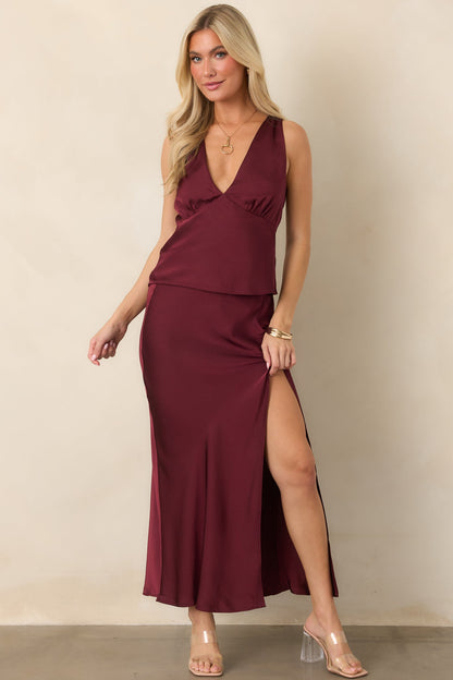 Bordo Verev Kesim Saten Midi Etek