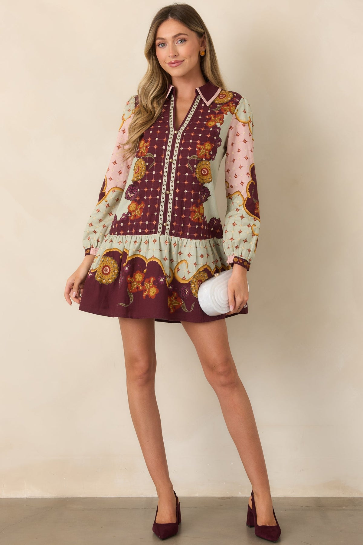 Bordo Adaçayı Çiçek Desenli Mini Elbise