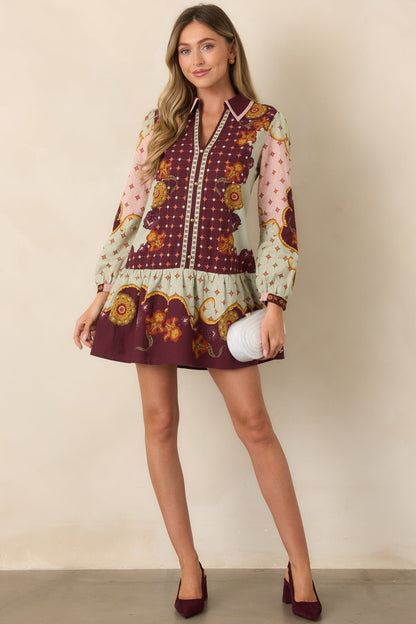 Bordo Adaçayı Çiçek Desenli Mini Elbise