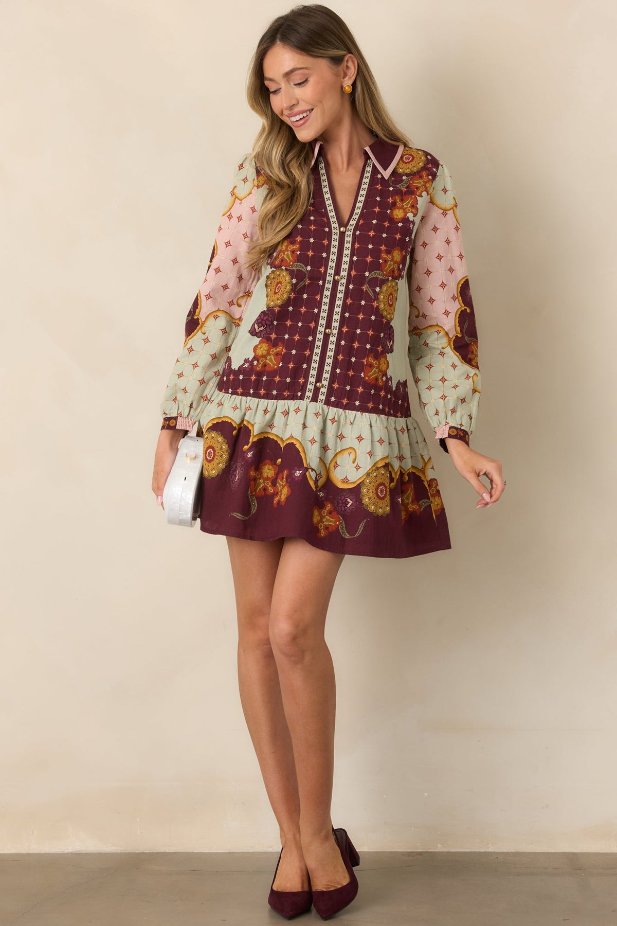 Bordo Adaçayı Çiçek Desenli Mini Elbise