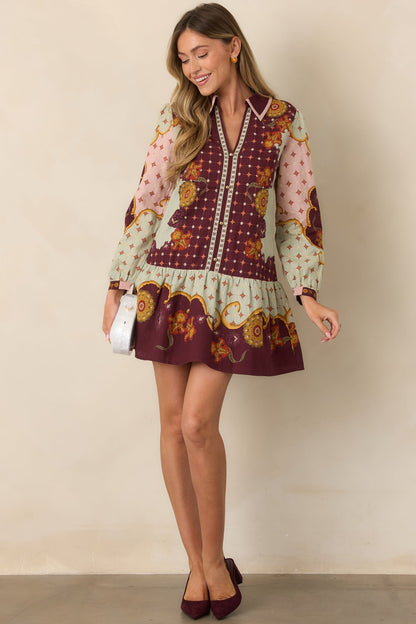 Bordo Adaçayı Çiçek Desenli Mini Elbise
