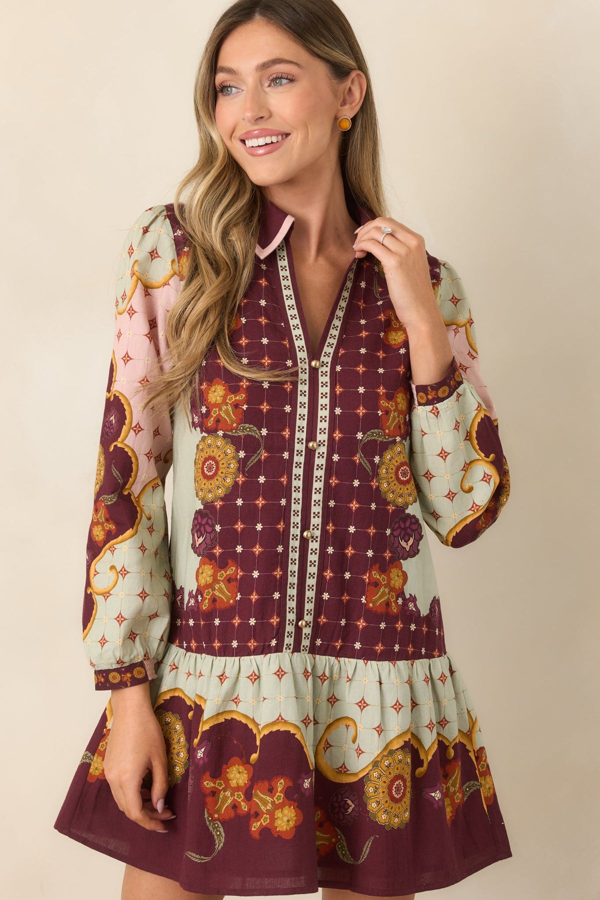 Bordo Adaçayı Çiçek Desenli Mini Elbise