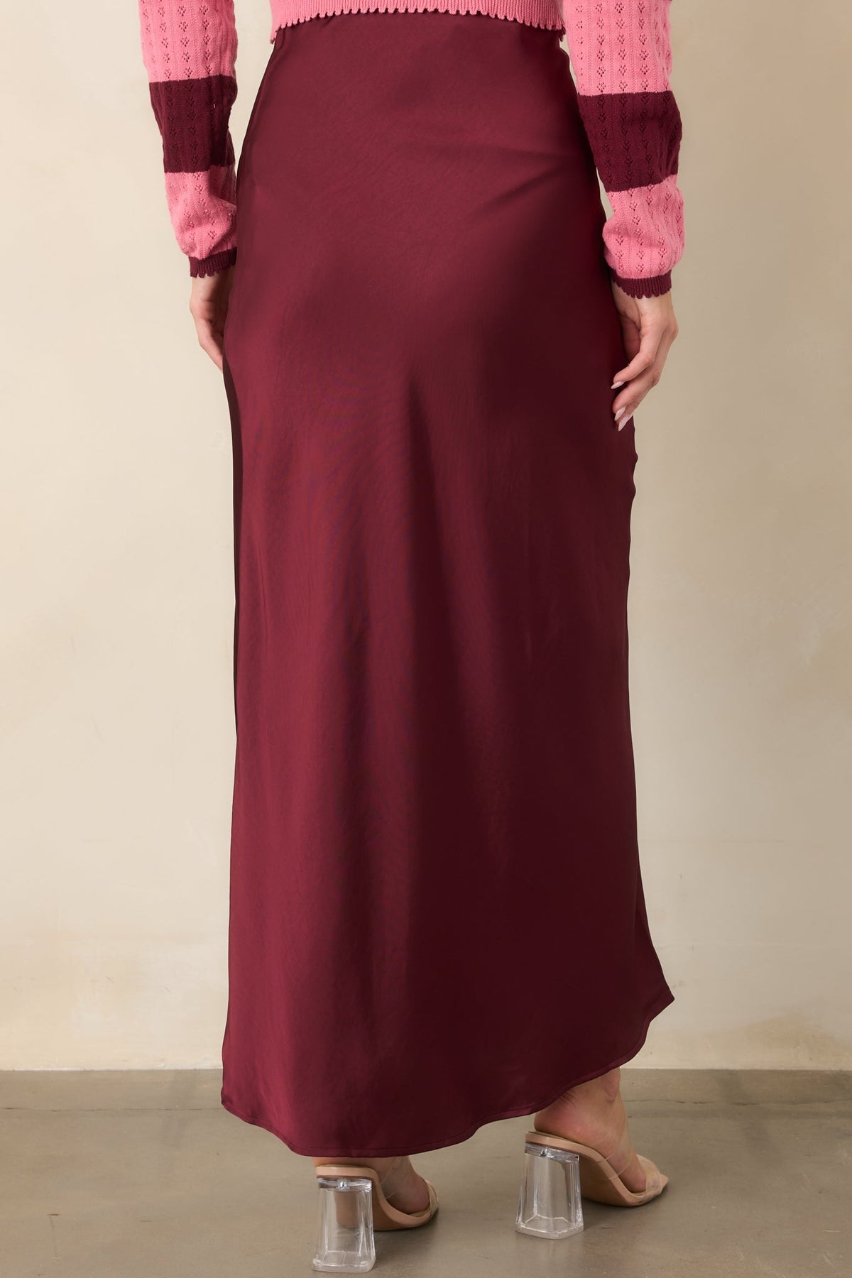 Bordo Verev Kesim Saten Midi Etek