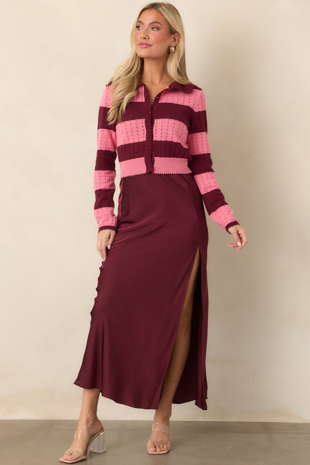 Bordo Verev Kesim Saten Midi Etek