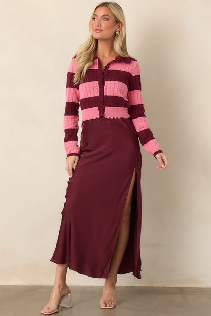 Bordo Verev Kesim Saten Midi Etek