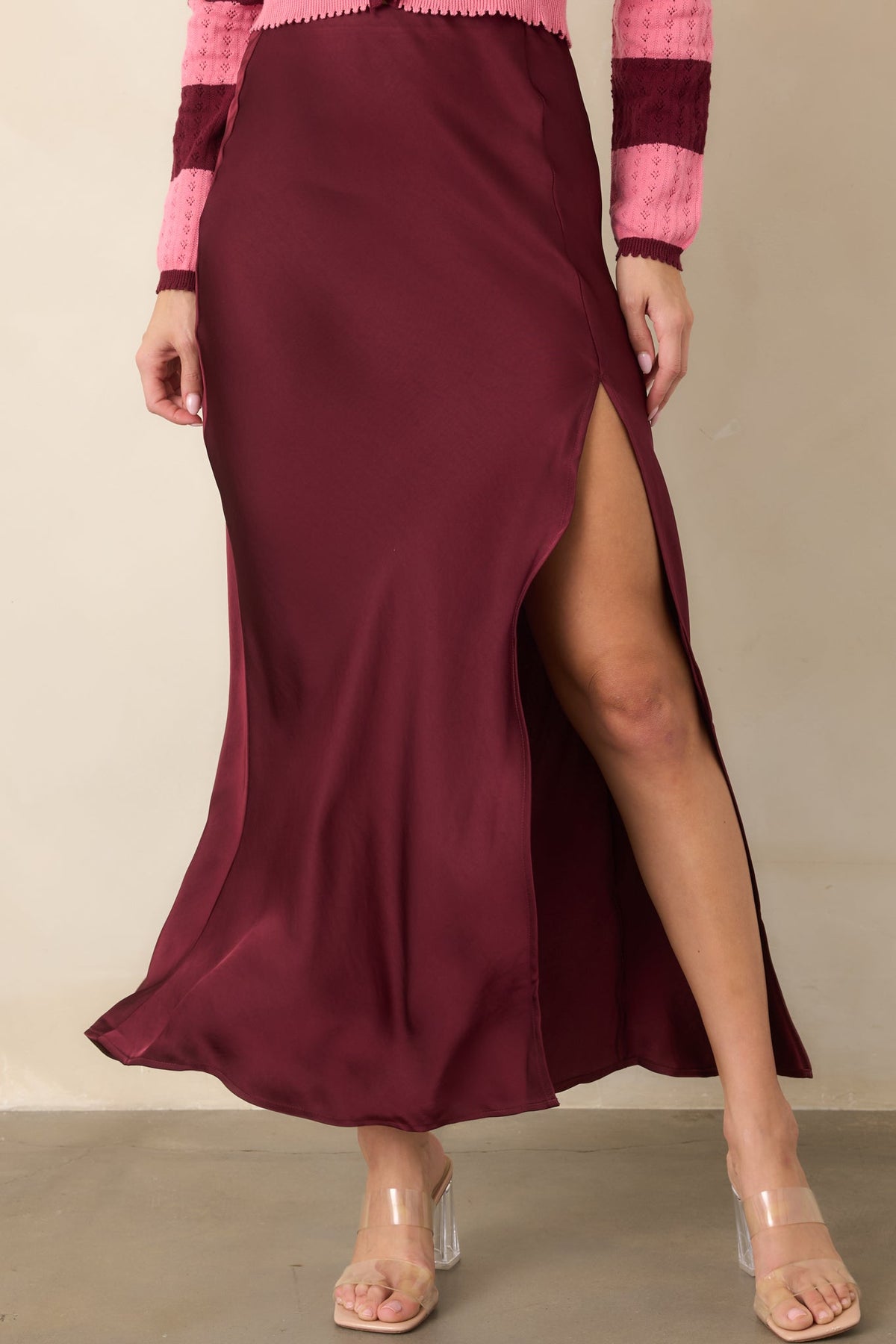 Bordo Verev Kesim Saten Midi Etek