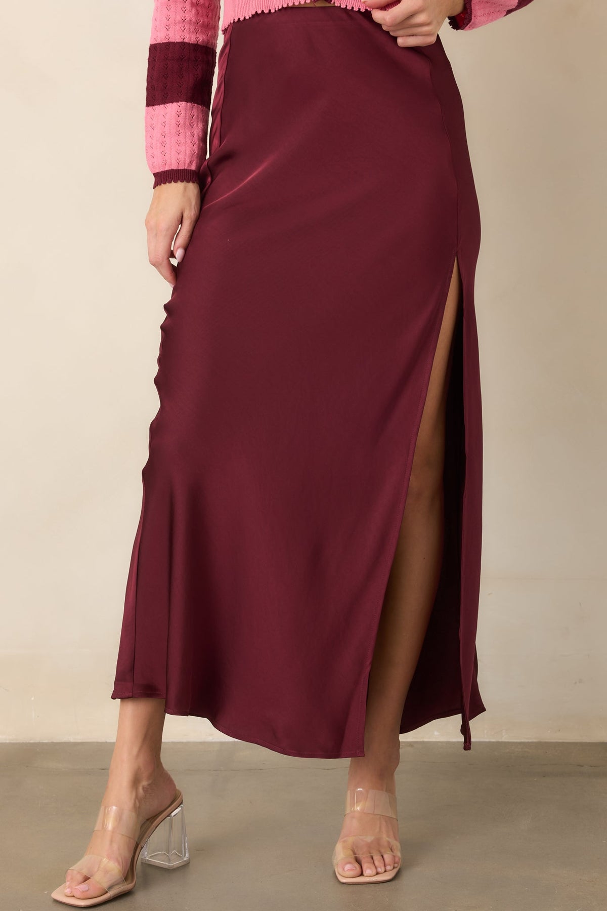 Bordo Verev Kesim Saten Midi Etek