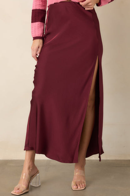 Bordo Verev Kesim Saten Midi Etek