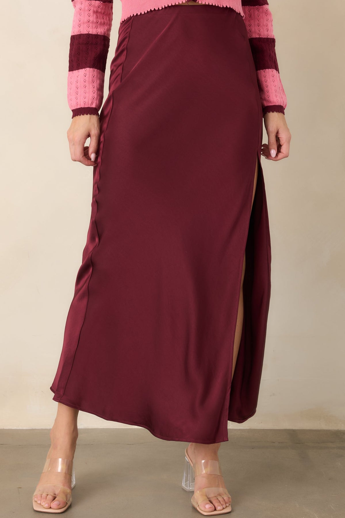 Bordo Verev Kesim Saten Midi Etek