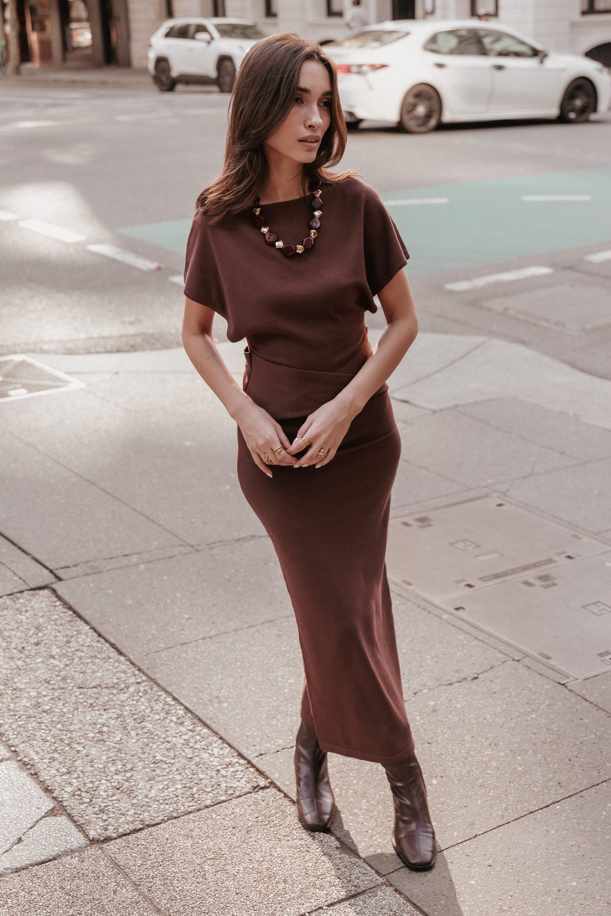Carlina Kahverengi Midi Elbise
