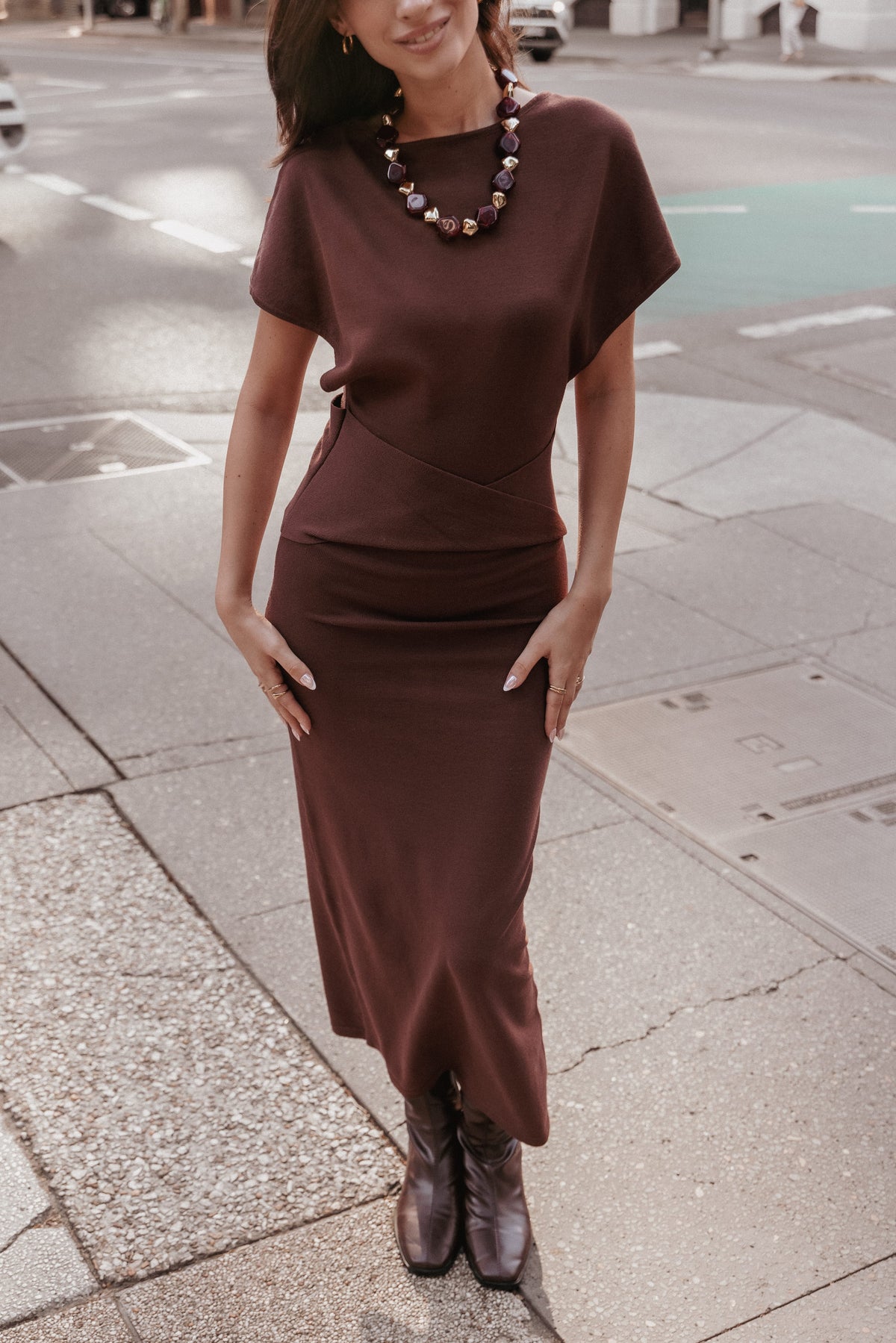 Carlina Kahverengi Midi Elbise