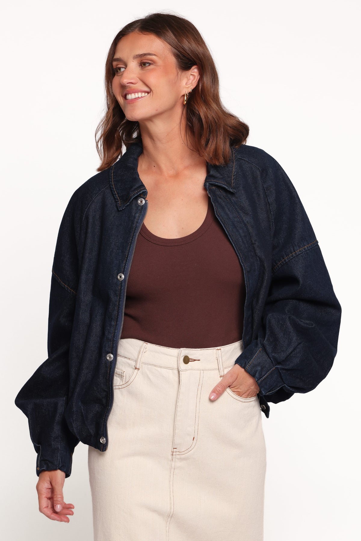 Janet Koyu Denim Yıkama Bomber Ceket
