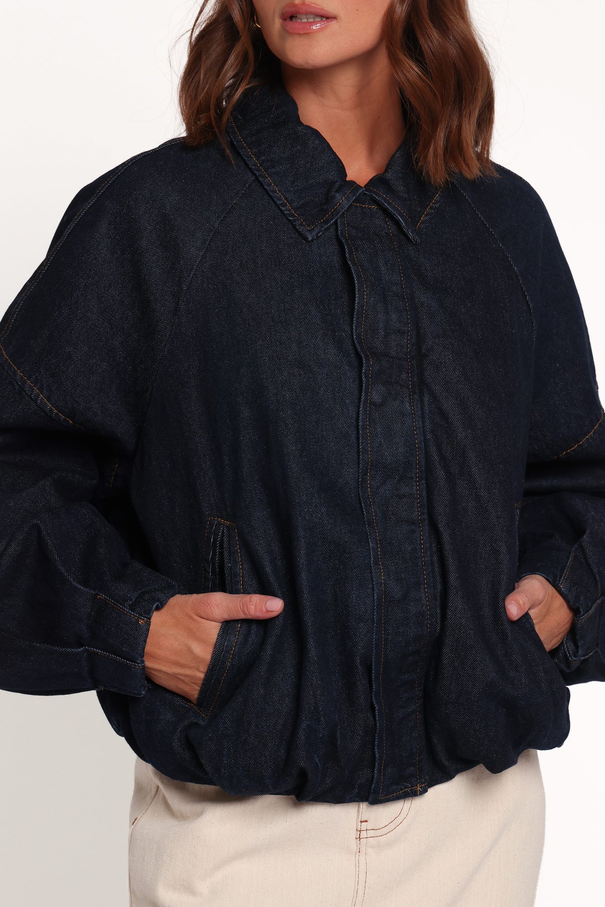 Janet Koyu Denim Yıkama Bomber Ceket