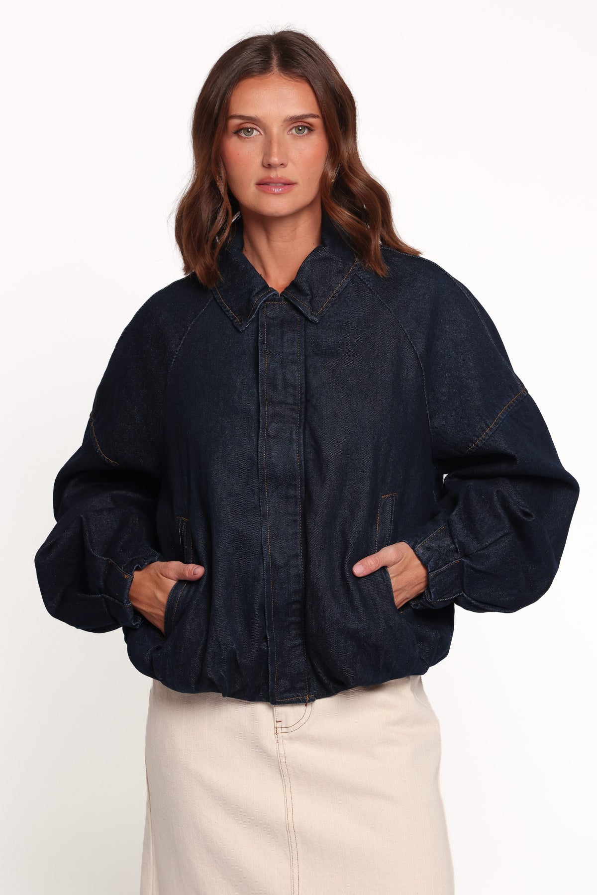 Janet Koyu Denim Yıkama Bomber Ceket