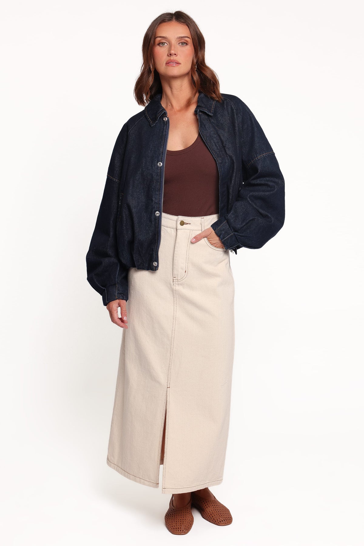 Janet Koyu Denim Yıkama Bomber Ceket