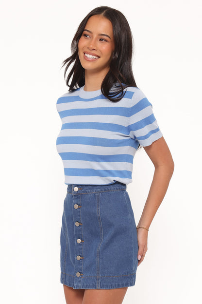 Sara Koyu Yıkama Önden Düğmeli Denim Mini Etek