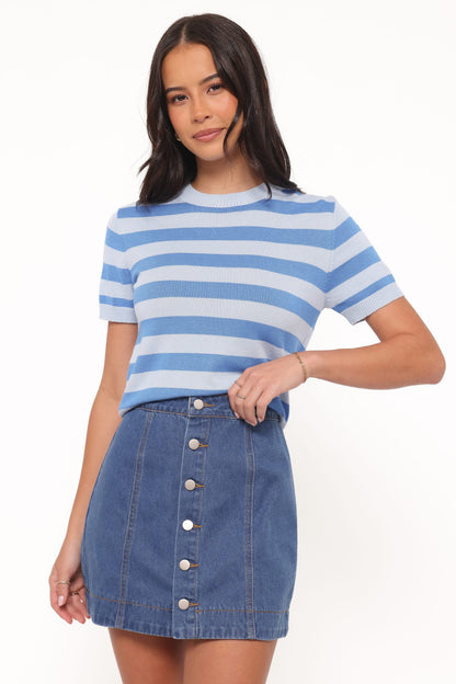 Sara Koyu Yıkama Önden Düğmeli Denim Mini Etek