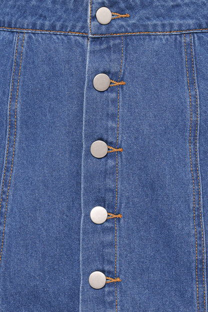 Sara Koyu Yıkama Önden Düğmeli Denim Mini Etek