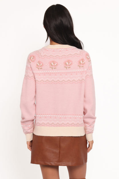 Poppi Pembe Fair Isle Desenli Triko Hırka