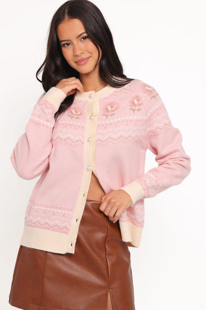 Poppi Pembe Fair Isle Desenli Triko Hırka