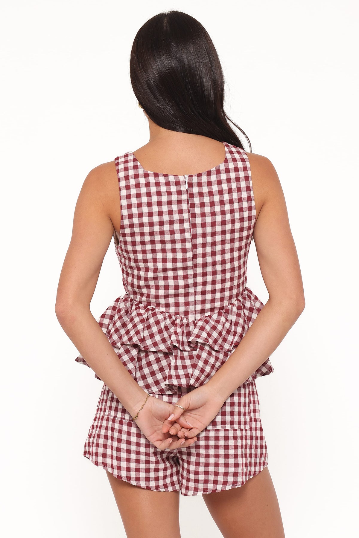 Landon Bordo Pötikareli Katlı Peplum Bluz