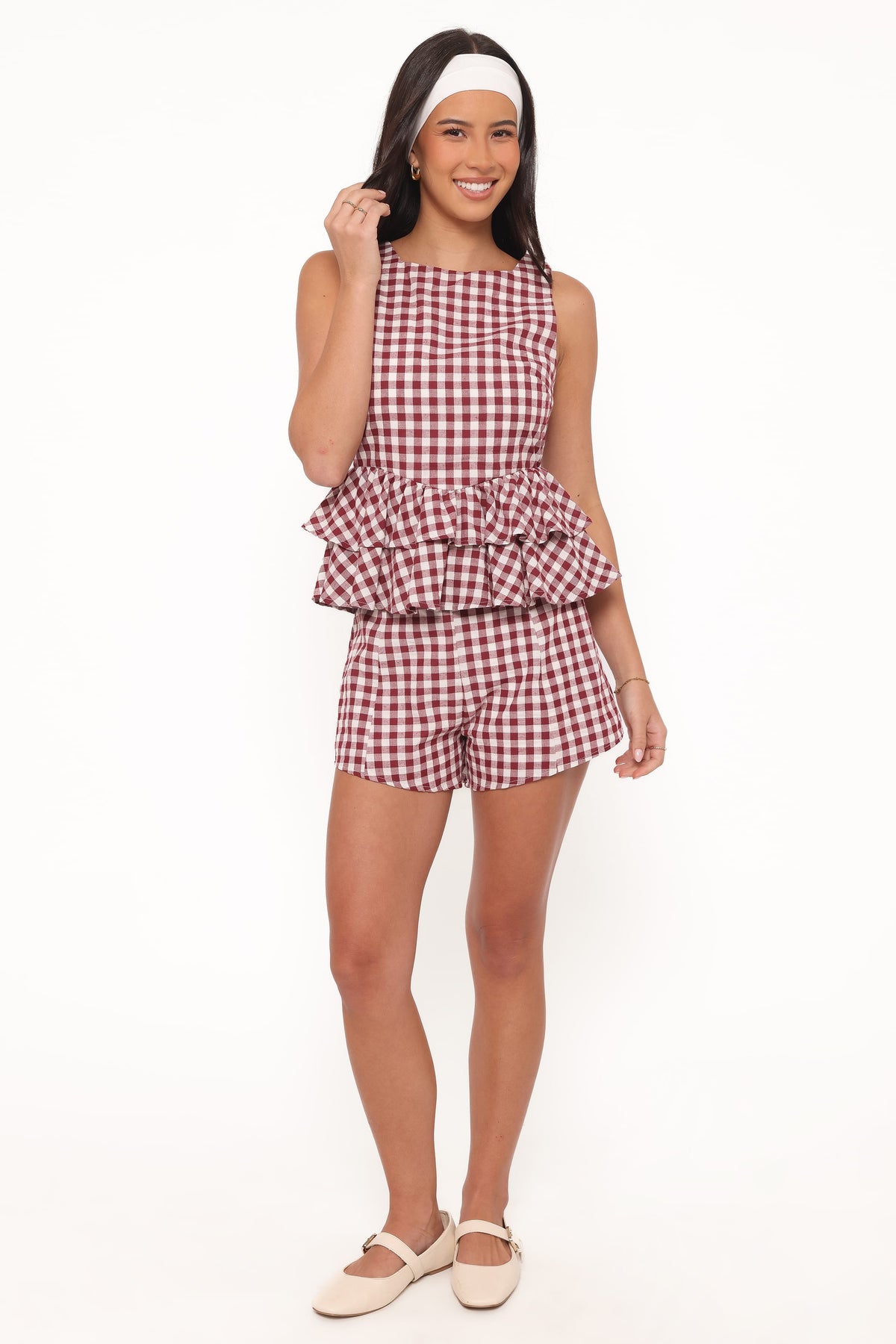 Landon Bordo Pötikareli Katlı Peplum Bluz