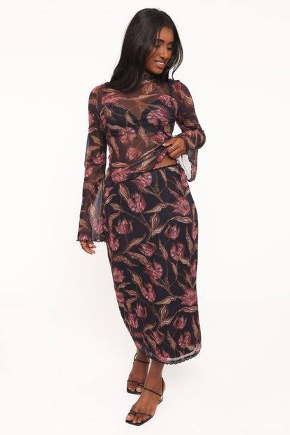 Steele Koyu Erik Moru Çiçek Desenli File Etek Takımı