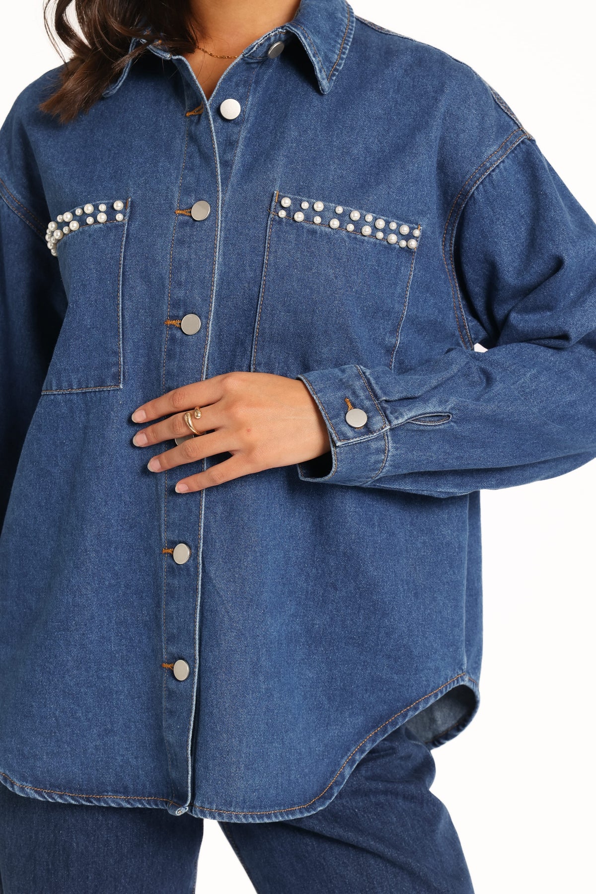 Mariska İndigo İnci Detaylı Denim Gömlek