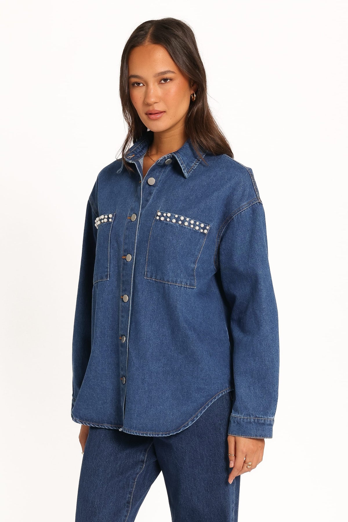 Mariska İndigo İnci Detaylı Denim Gömlek