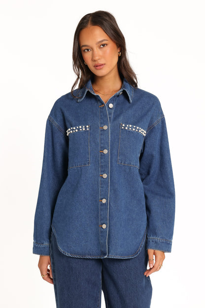Mariska İndigo İnci Detaylı Denim Gömlek