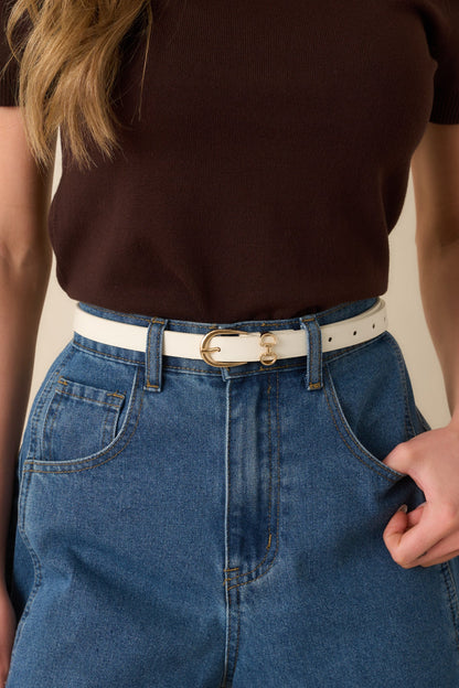 Ekru At Nalı Gold Tokalı Suni Deri Kemer